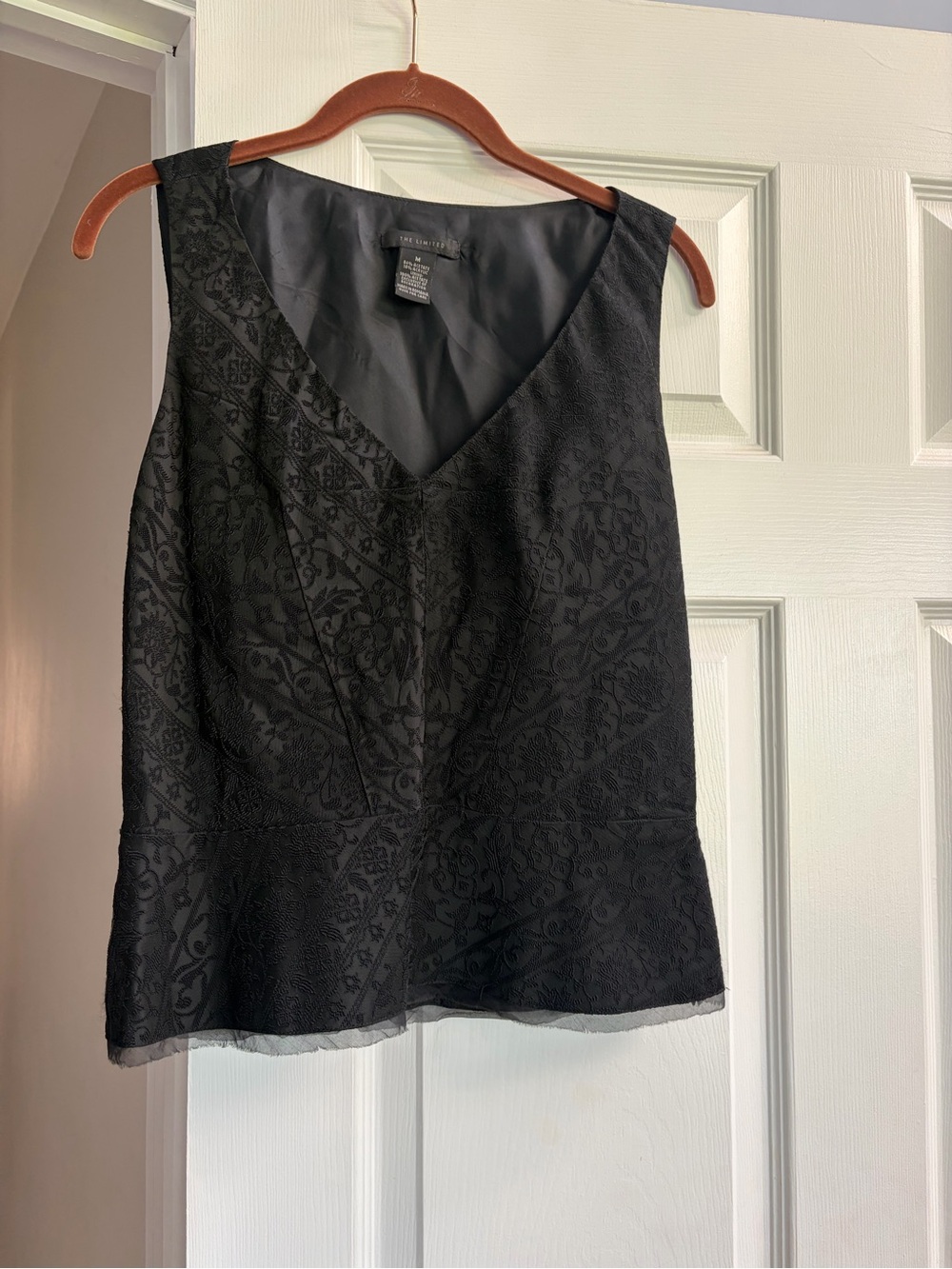 Vintage The Limited Black Peplum V-Neck Floral Jacquard Shell